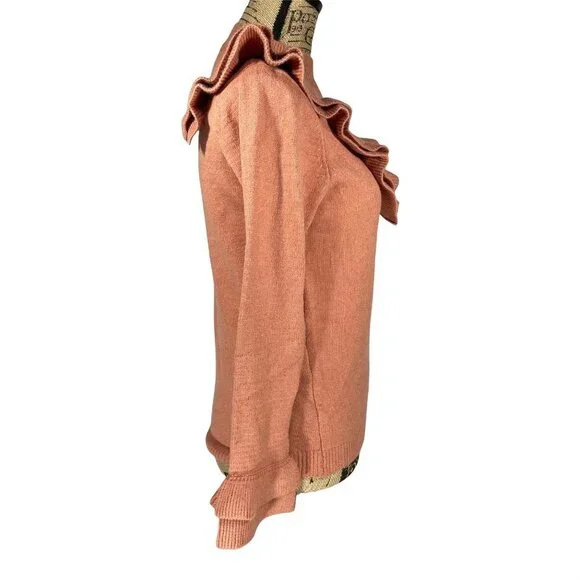 Lipslide Knit Sweater Ruffle Neck and sleeves Ribbed Trim in Pink Size Small - Picture 3 of 8